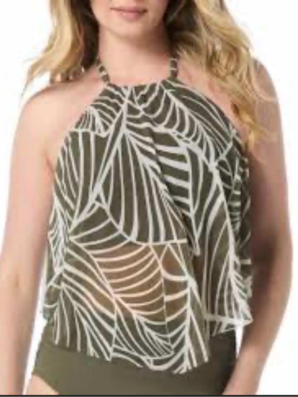 Coco Reef Olive and White Halter Overlay One-Piece Swim
